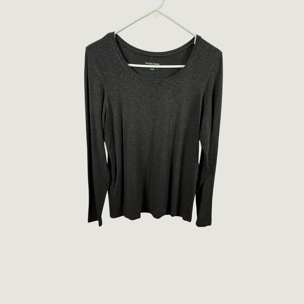 Eileen Fisher Petite Charcoal Black Viscose Jersey Scoop Neck Top PM Long Sleeve